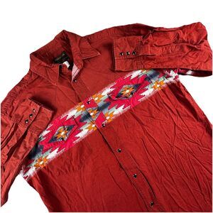Vintage Rustler Pearl Snap Button-Up Men L Aztec‎ Orange Cowboy Pockets